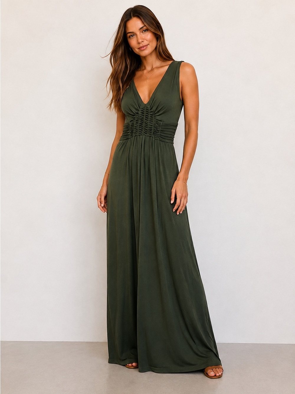 Max Studio Olive Green Ruched Maxi Dress Size Small